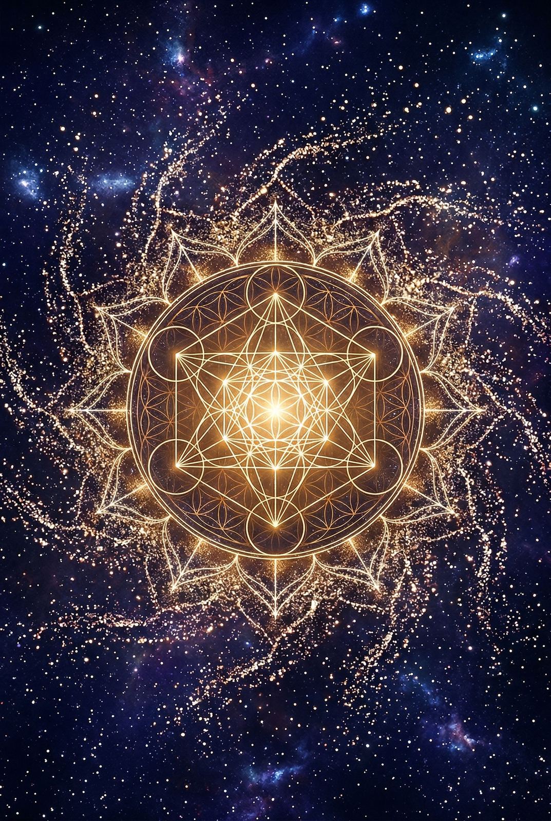 Golden sacred geometry glowing in a starry cosmos