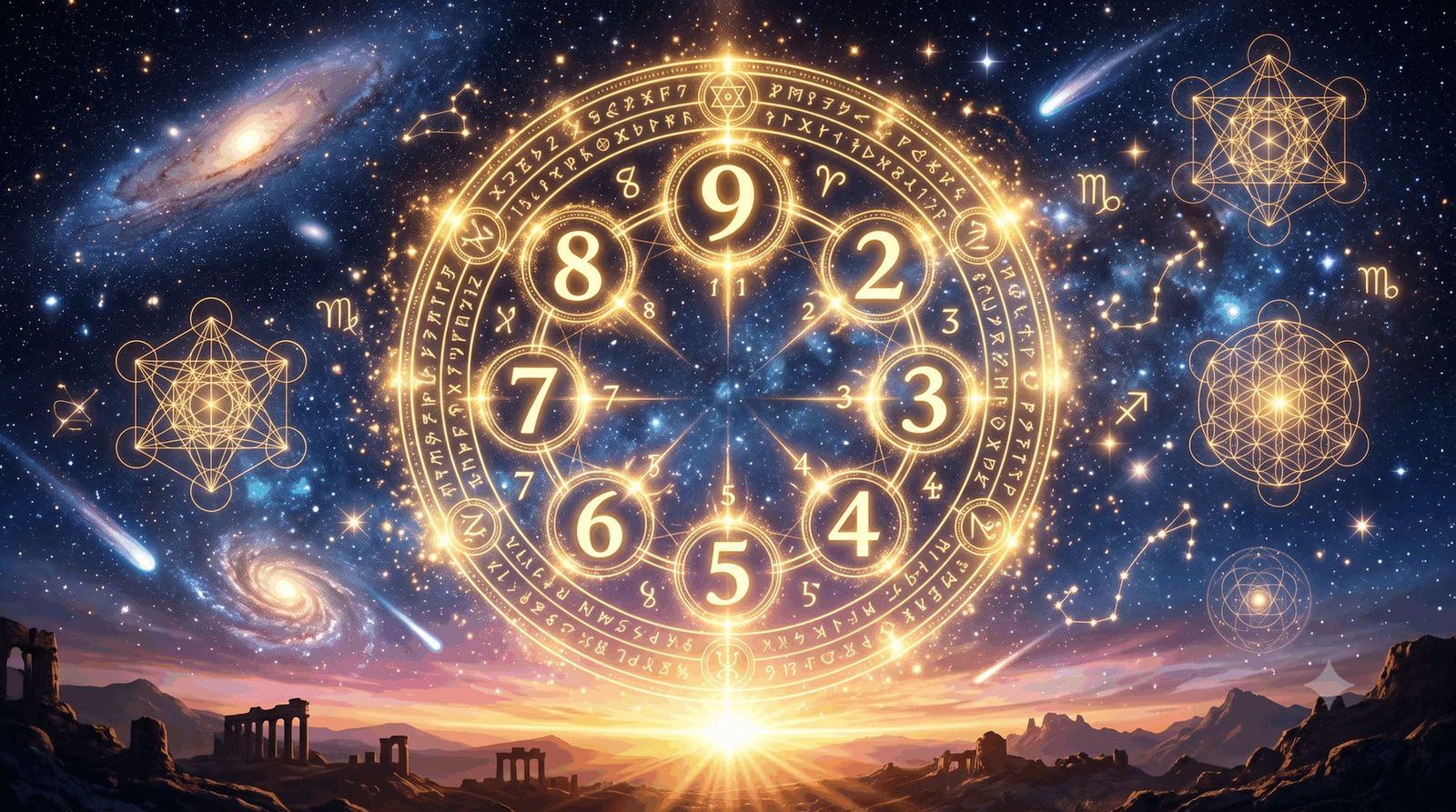 Golden numerology wheel with angel numbers against a cosmic sky