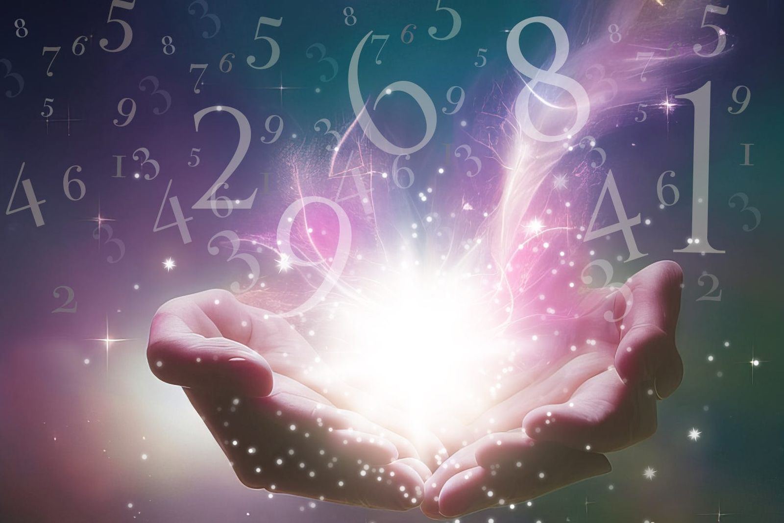 Hands holding glowing light surrounded by numerology numbers