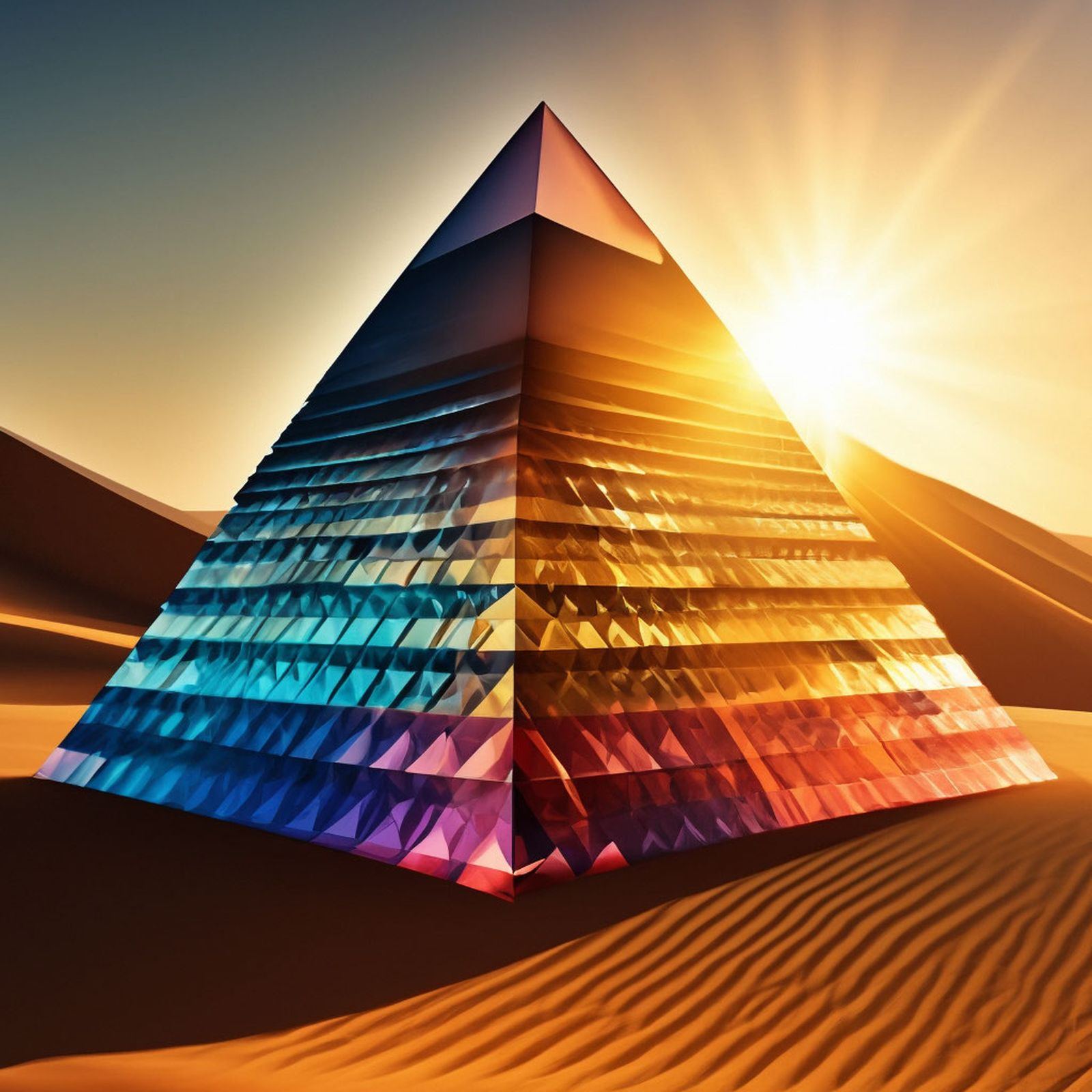 Crystal pyramid glowing in the desert at sunrise